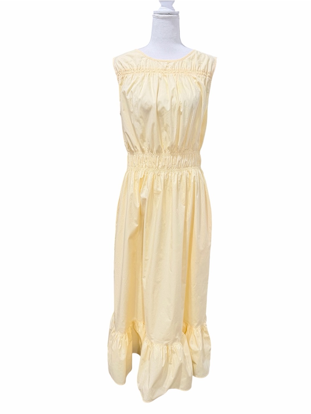 Women’s Sleeveless Light Yellow Smocked Waist Cotton Poplin Maxi Dress Size XL